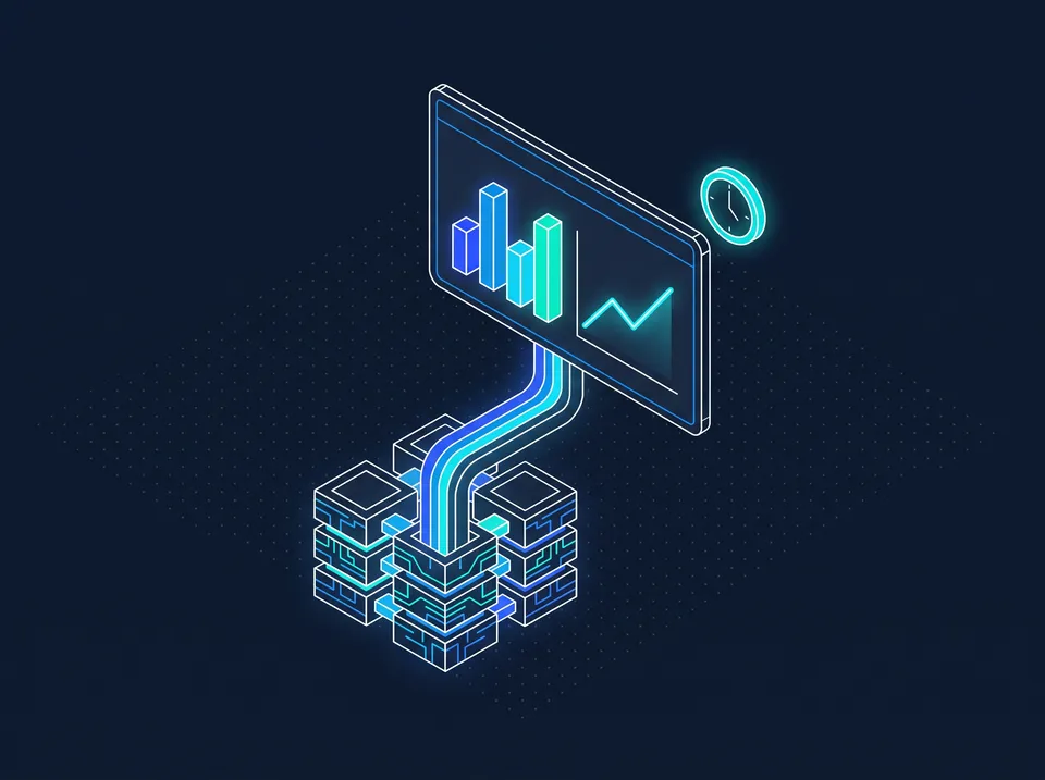 Illustration: Dashboard mit Diagrammen, das von einer leuchtenden Datenpipeline automatisch befüllt wird